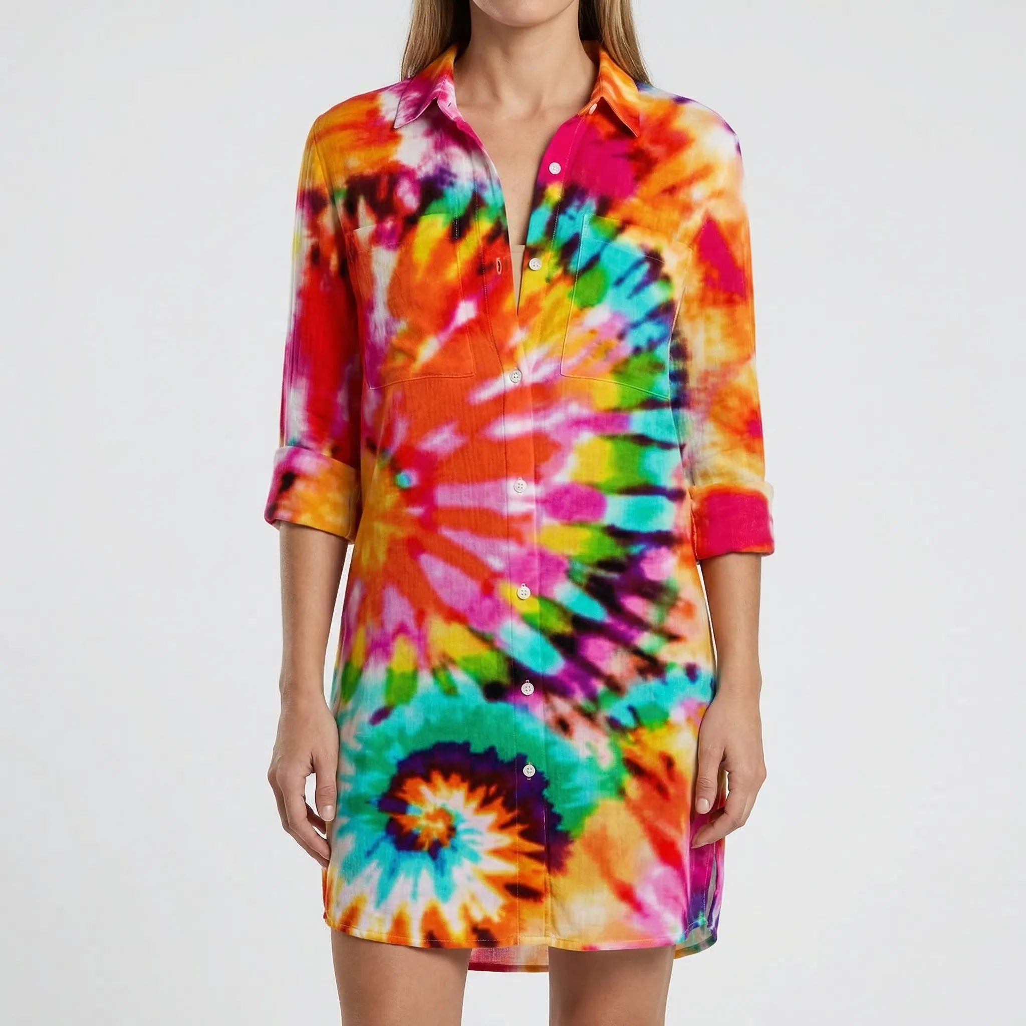 Women's Tie-Dye Button-Down Shirt Dress Mini