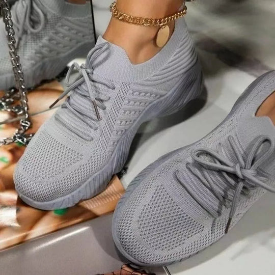 Women's Tonal Knit Lace-Up Running Sneakers Sock Collar Chunky Sole