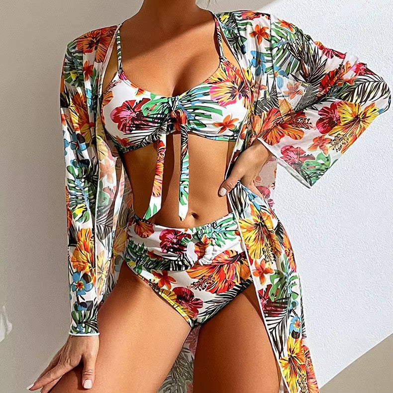 Women's Tropical Floral Three-Piece Swimsuit Set with Cover-Up