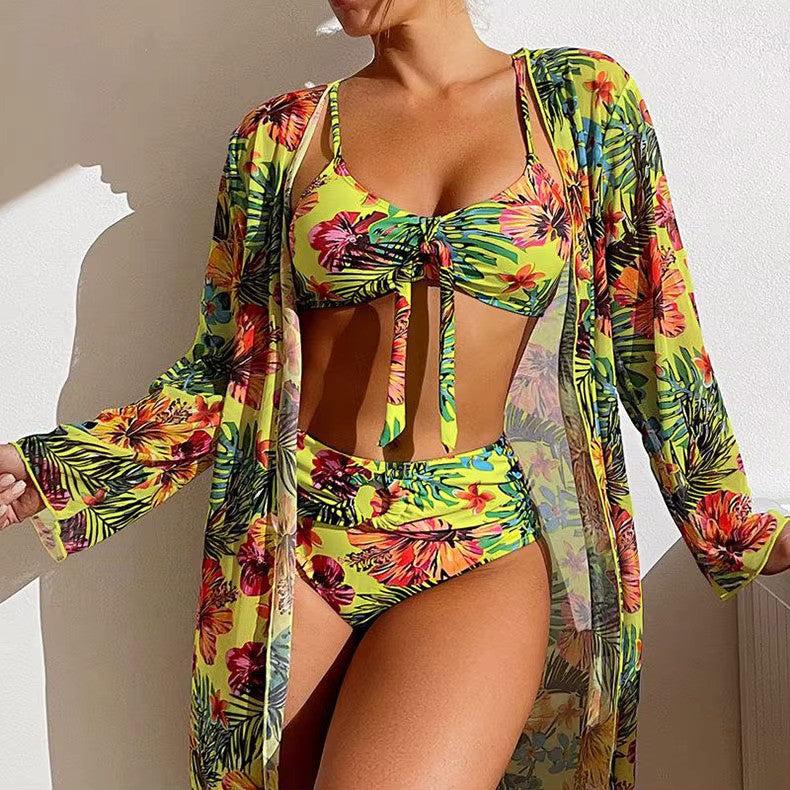 Women's Tropical Floral Three-Piece Swimsuit Set with Cover-Up