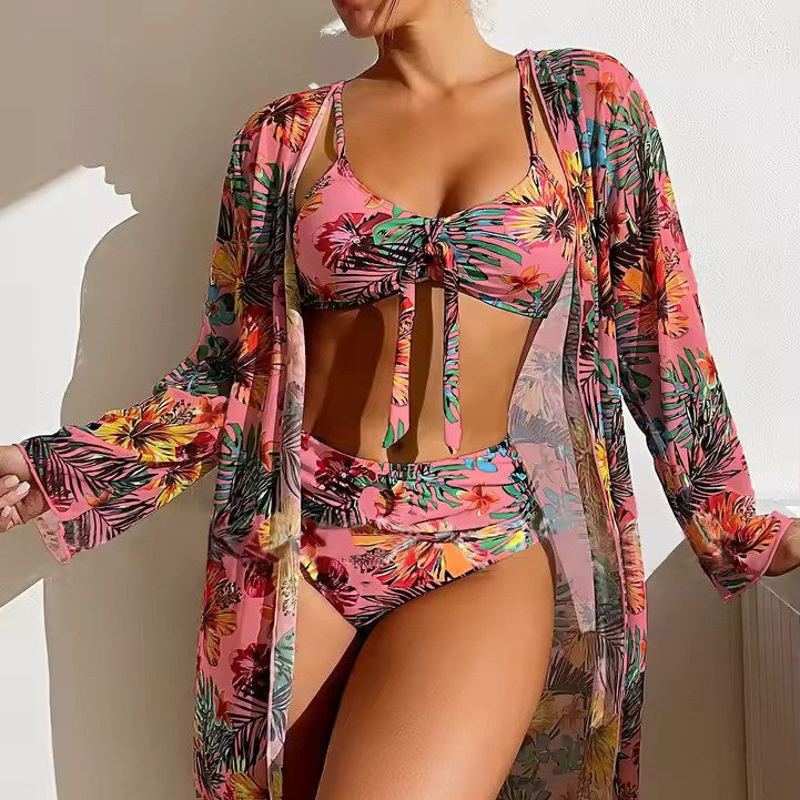 Women's Tropical Floral Three-Piece Swimsuit Set with Cover-Up