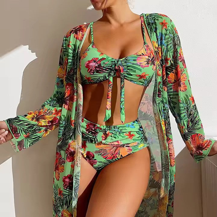 Women's Tropical Floral Three-Piece Swimsuit Set with Cover-Up