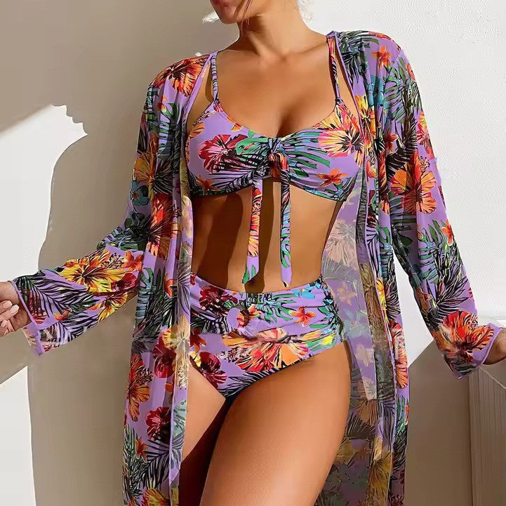 Women's Tropical Floral Three-Piece Swimsuit Set with Cover-Up