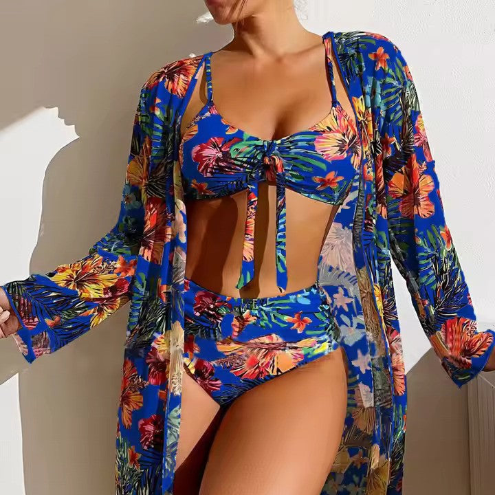 Women's Tropical Floral Three-Piece Swimsuit Set with Cover-Up
