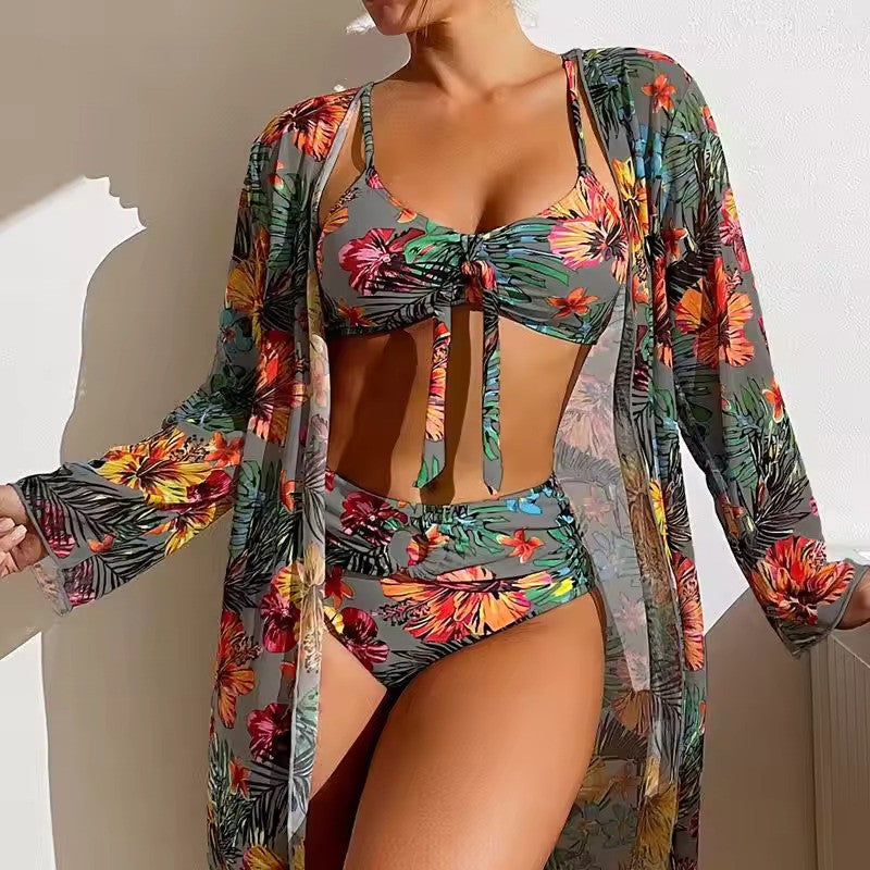 Women's Tropical Floral Three-Piece Swimsuit Set with Cover-Up