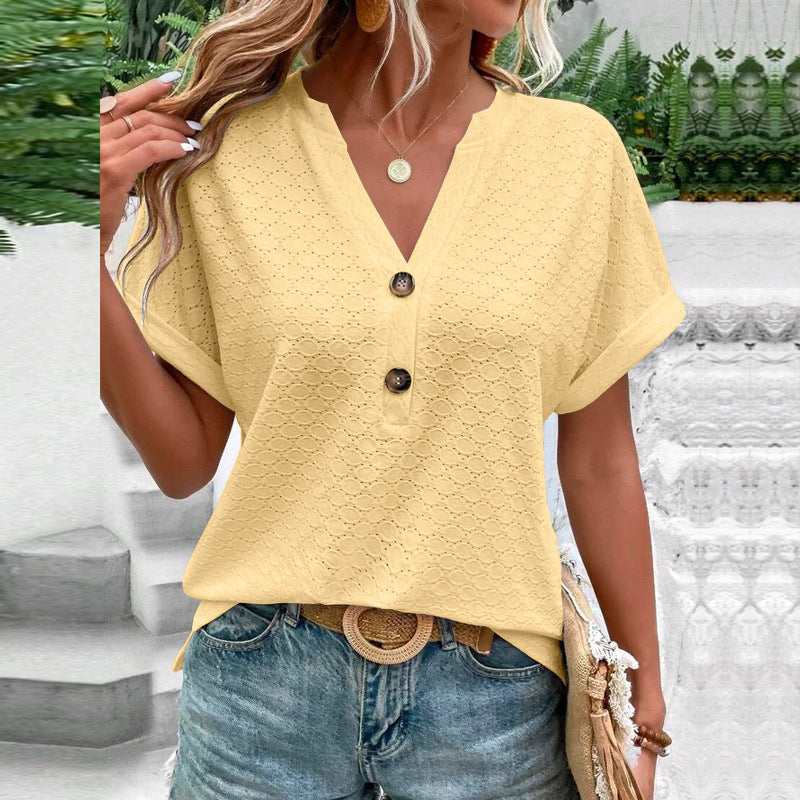 Women's V-Neck Button Eyelet Blouse Short Sleeve