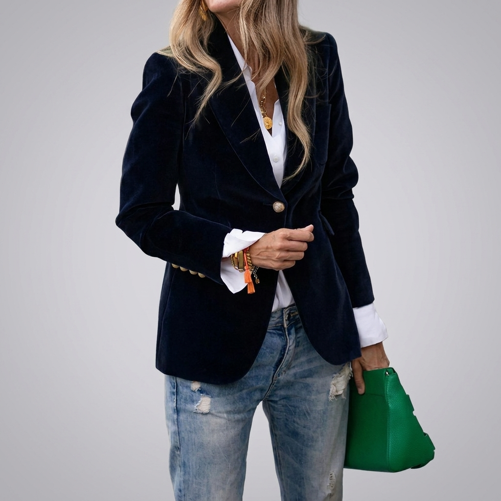 Women's Velvet Blazer Jacket Single Button Gold Hardware Peak Lapel