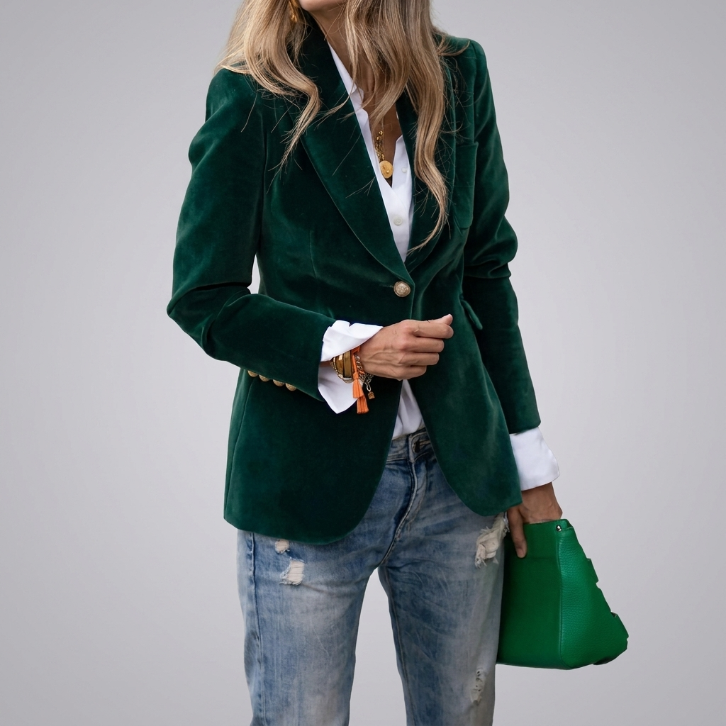 Women's Velvet Blazer Jacket Single Button Gold Hardware Peak Lapel