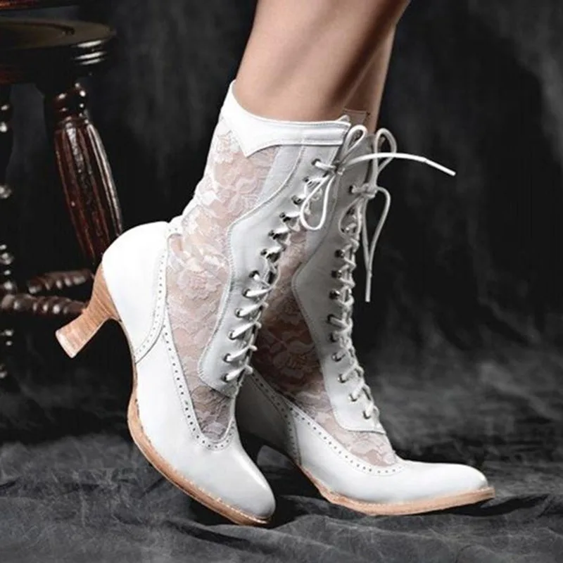 Women's Victorian Lace Ankle Boots Lace-Up Low Heel Pointed Toe