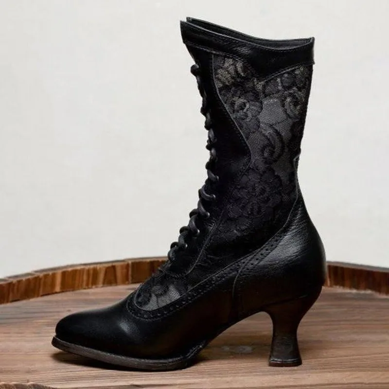 Women's Victorian Lace Ankle Boots Lace-Up Low Heel Pointed Toe