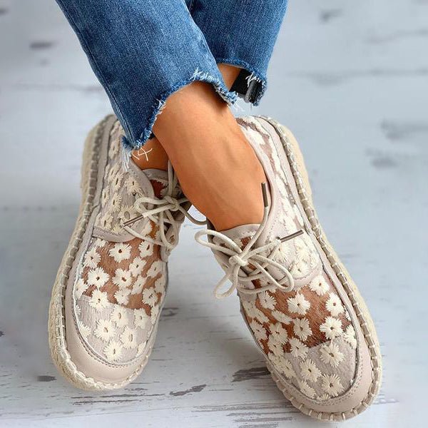 Women's White Floral Embroidered Lace-Up Espadrille Flat