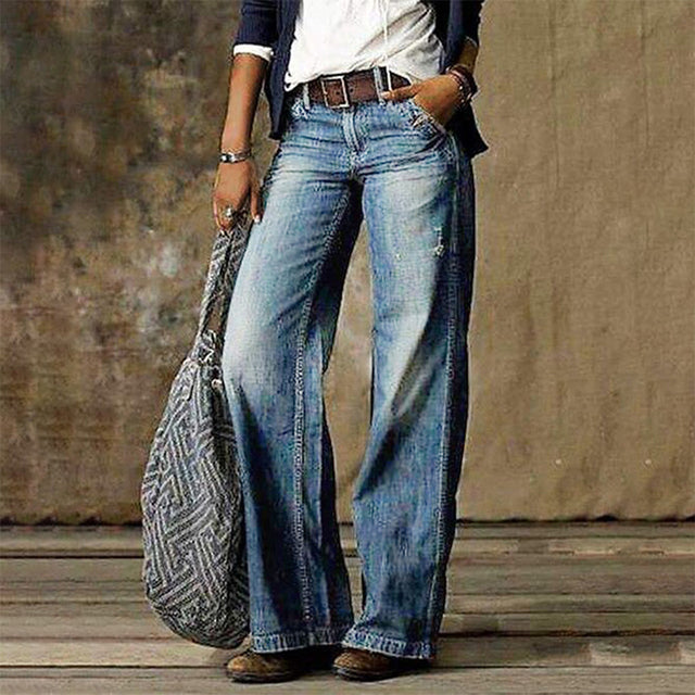 Women's Wide Leg Flare Jeans Distressed Wash
