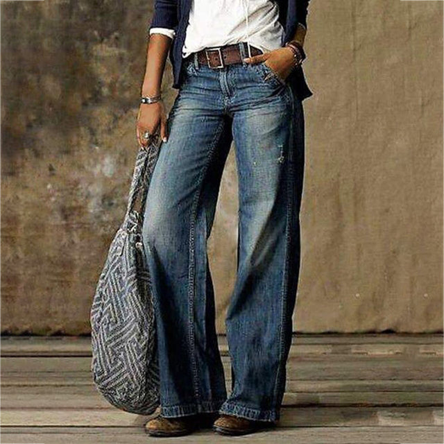 Women's Wide Leg Flare Jeans Distressed Wash