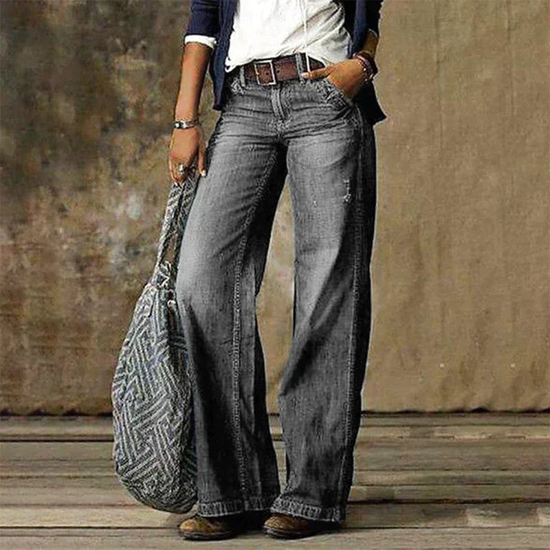 Women's Wide Leg Flare Jeans Distressed Wash