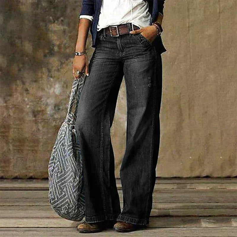 Women's Wide Leg Flare Jeans Distressed Wash