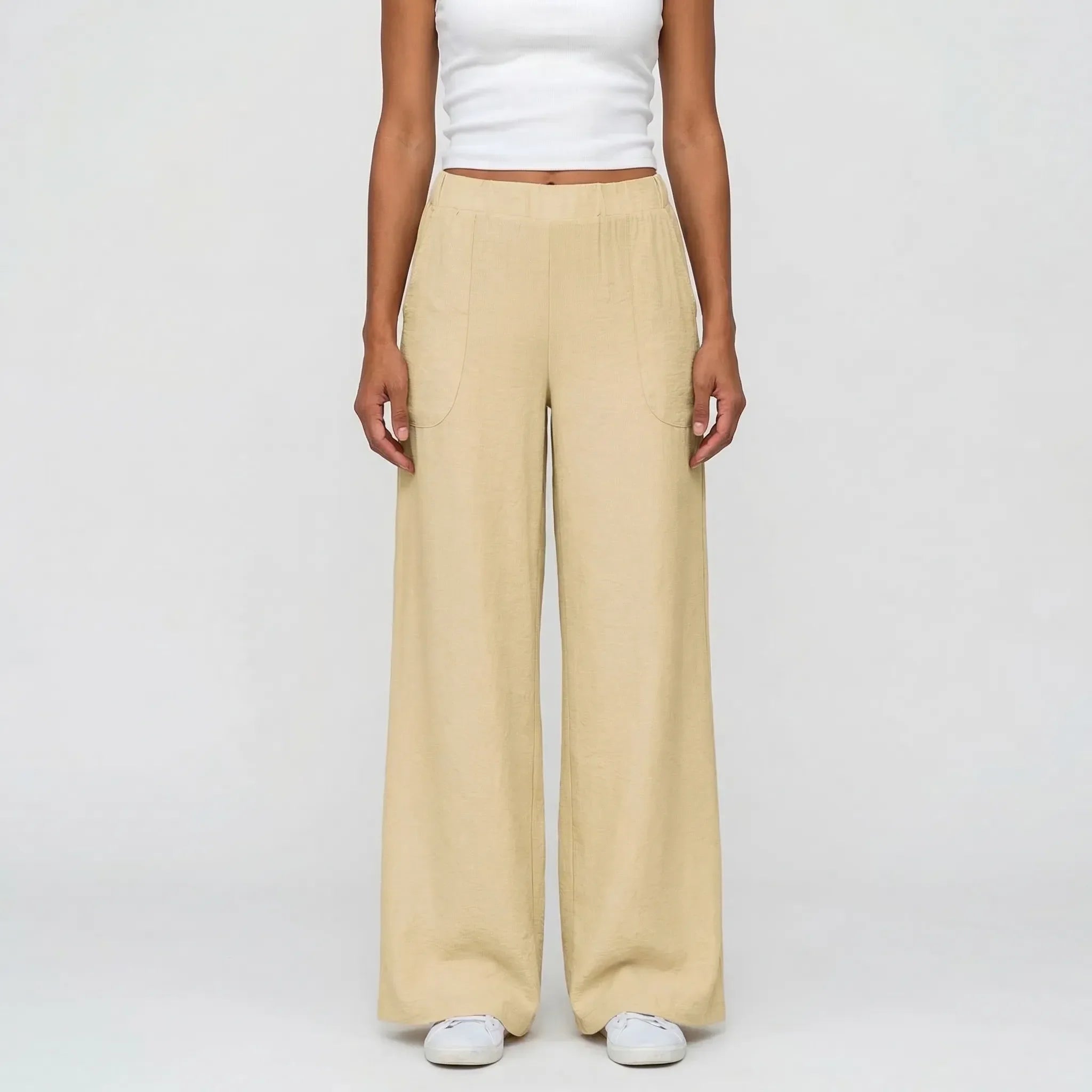 Women's Wide Leg Linen Pants Elastic Waist with Pockets