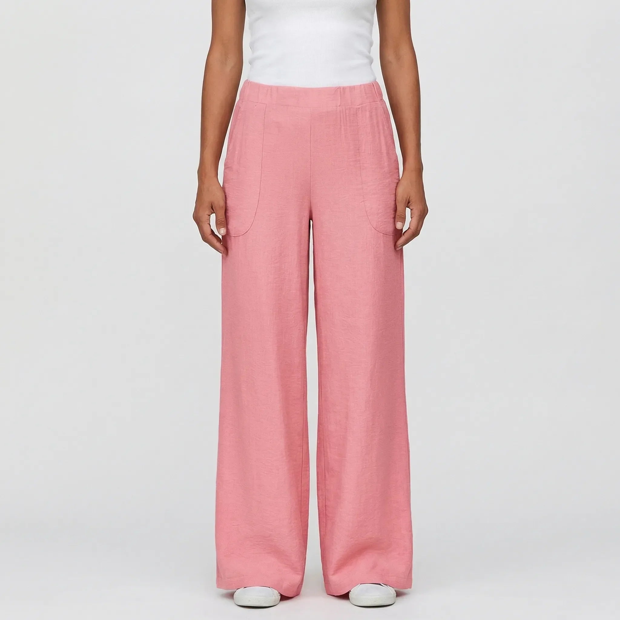 Women's Wide Leg Linen Pants Elastic Waist with Pockets