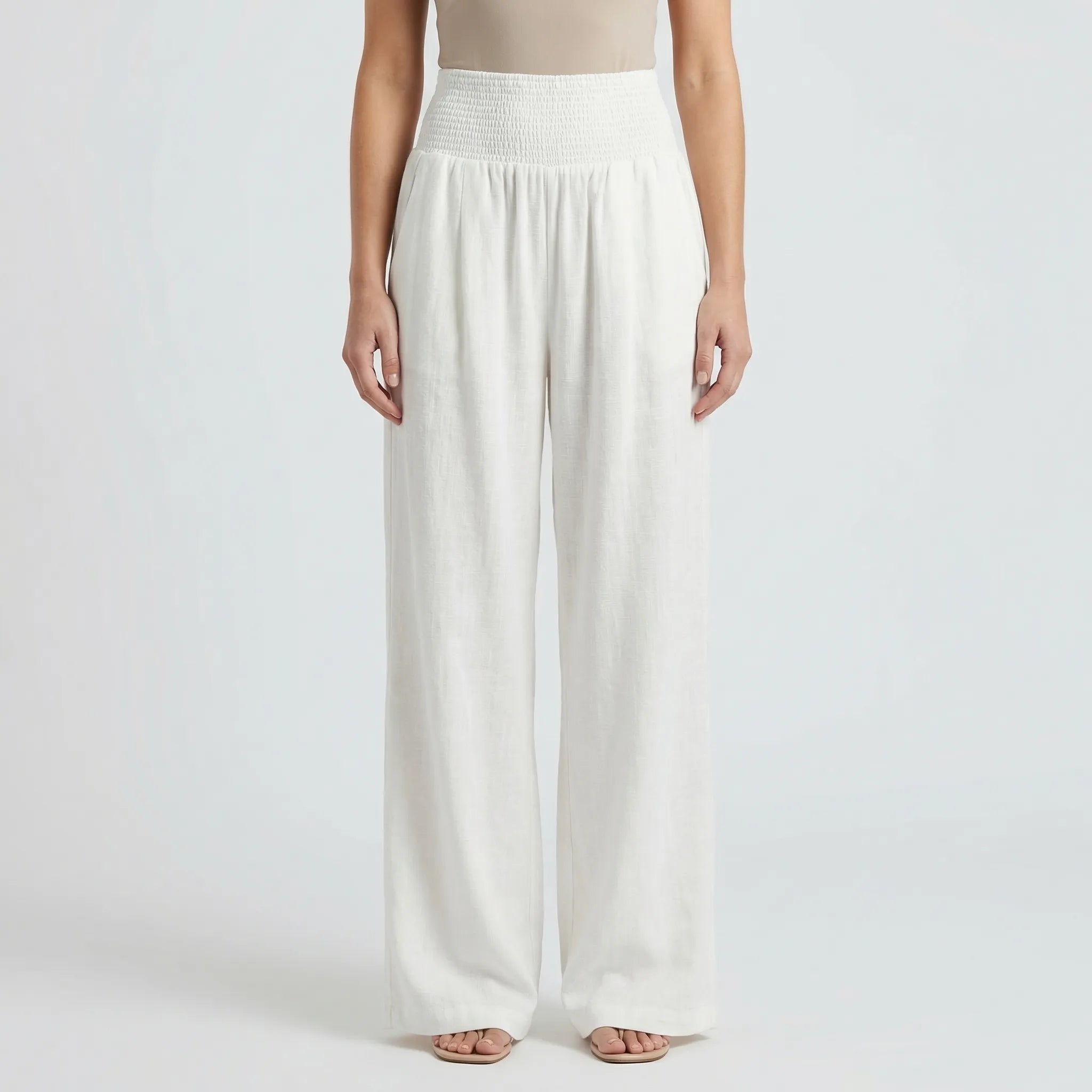 Women's Wide Leg Linen Pants Smocked High Waist