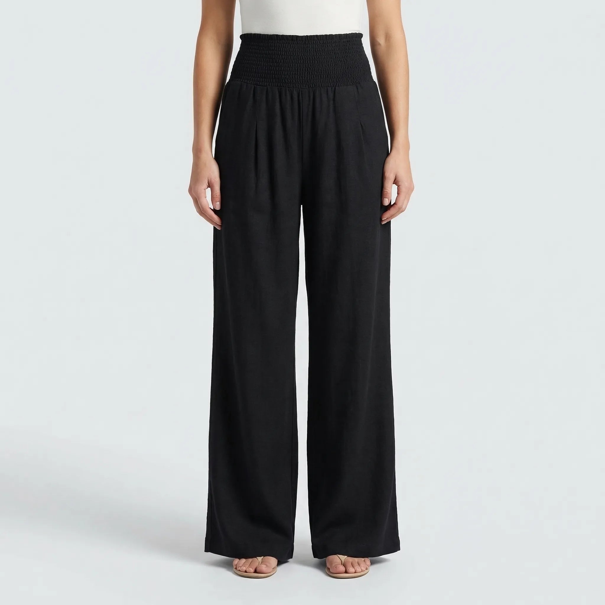 Women's Wide Leg Linen Pants Smocked High Waist