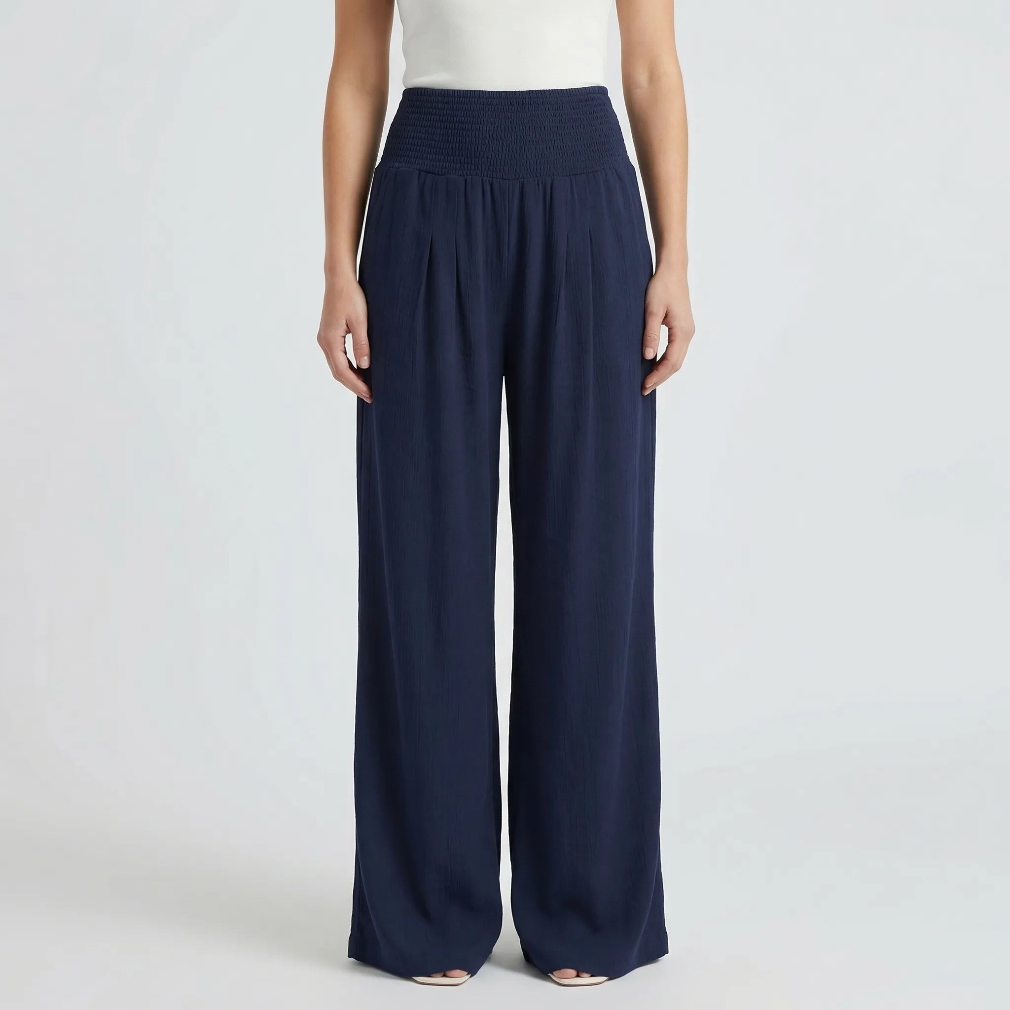 Women's Wide Leg Linen Pants Smocked High Waist