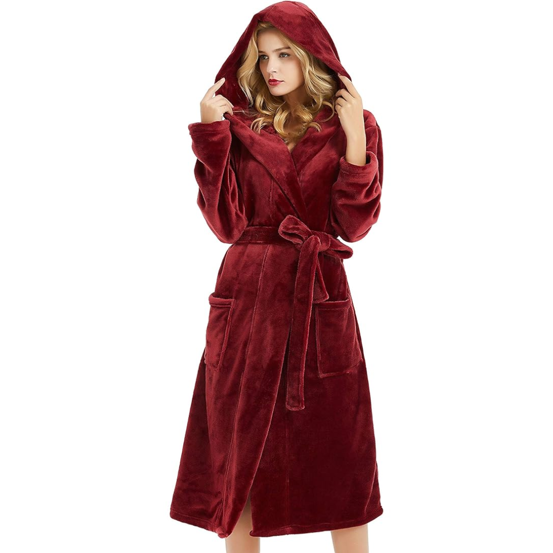 Women's Fleece Hooded Belted Bathrobe