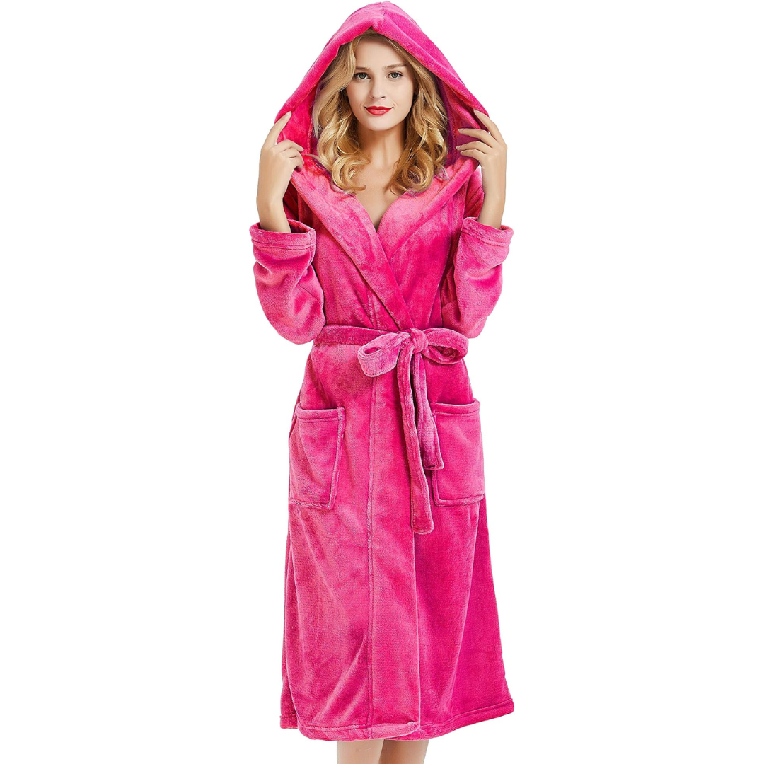 Women's Fleece Hooded Belted Bathrobe