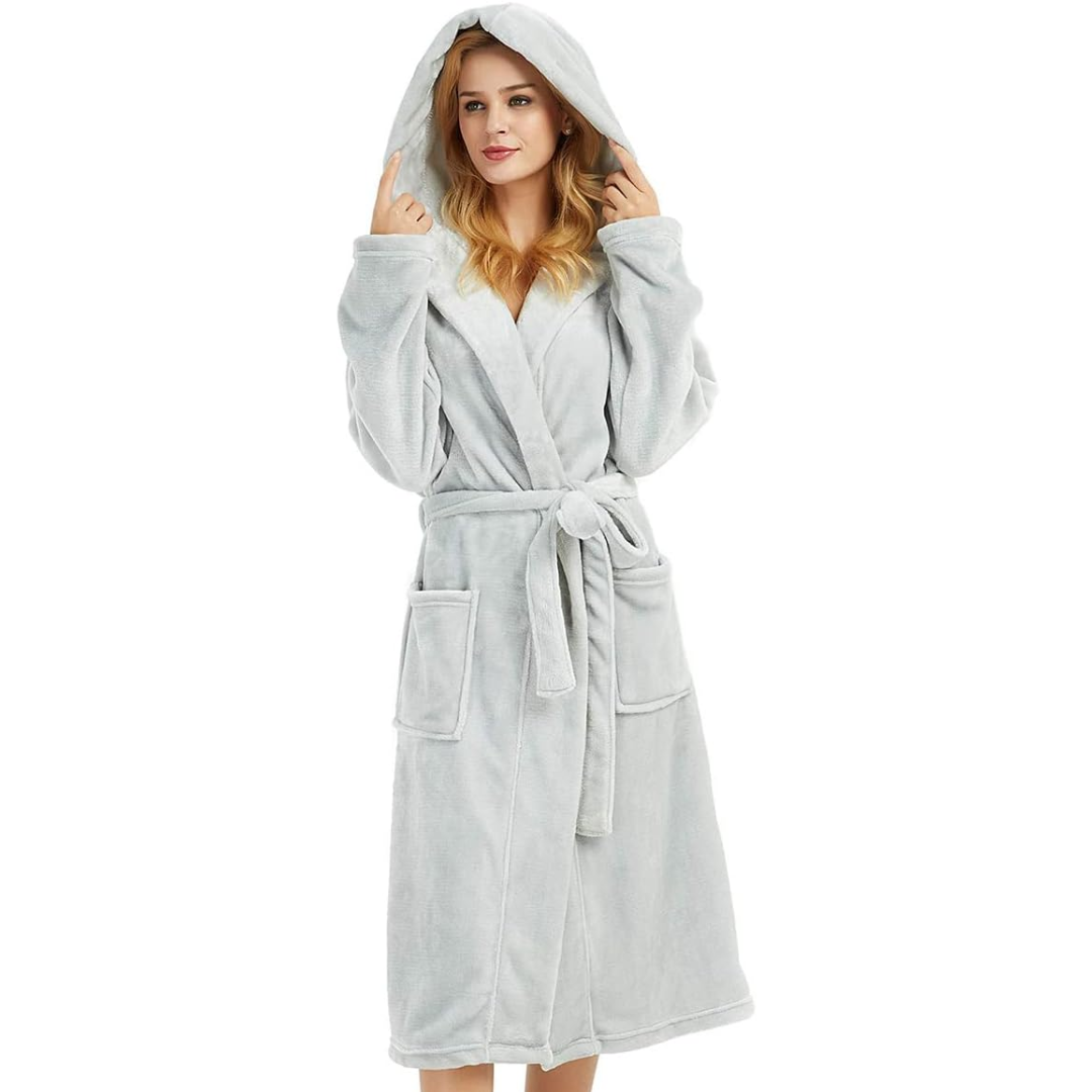 Women's Fleece Hooded Belted Bathrobe