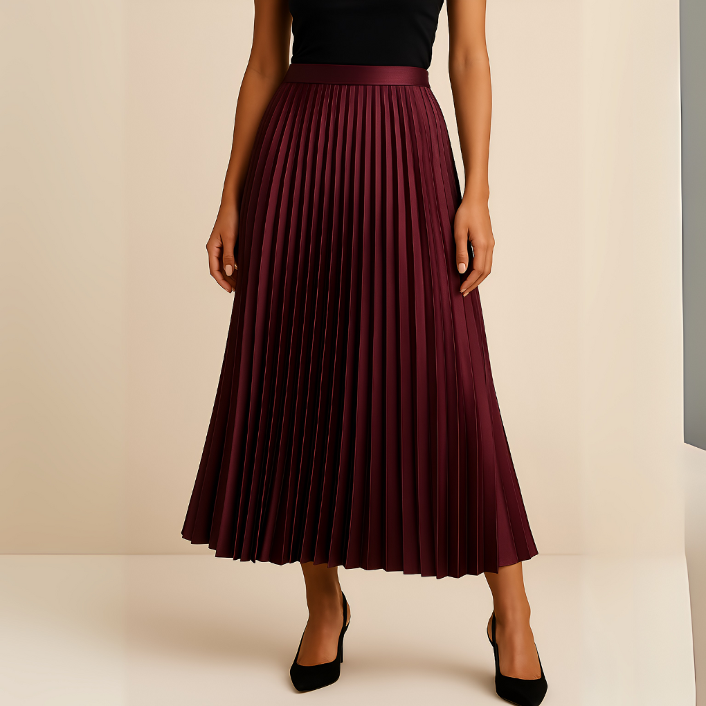 Women's Pleated High-Waist Satin Midi Skirt