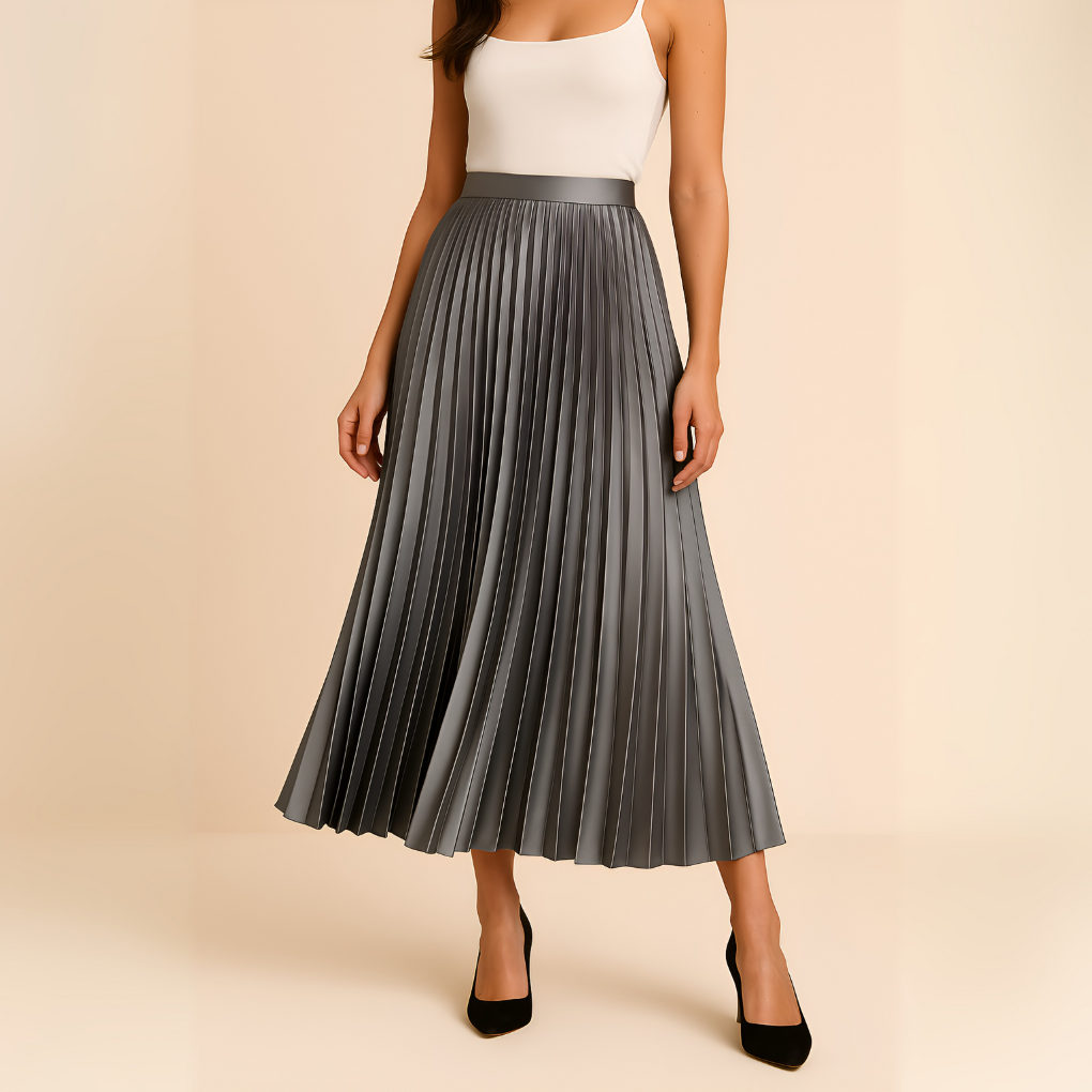 Women's Pleated High-Waist Satin Midi Skirt