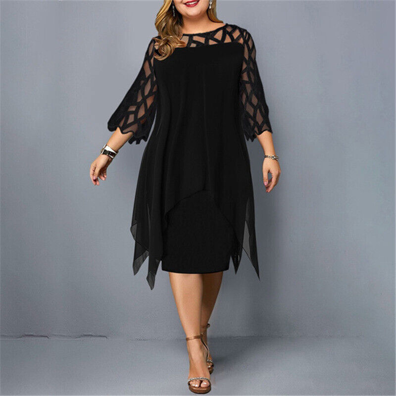 Women's Plus Size Cut Out Sleeve Mesh Overlay Dress