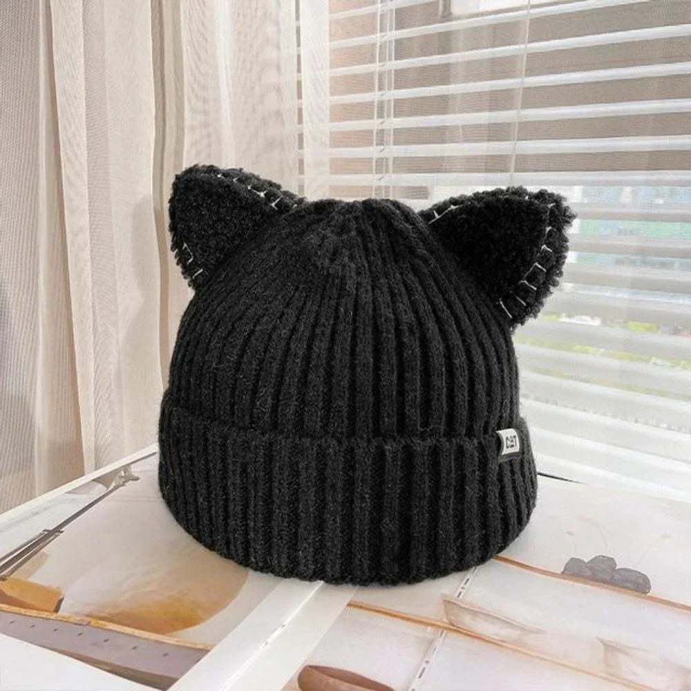 Women's Ribbed Knit Cat Ear Beanie Hat