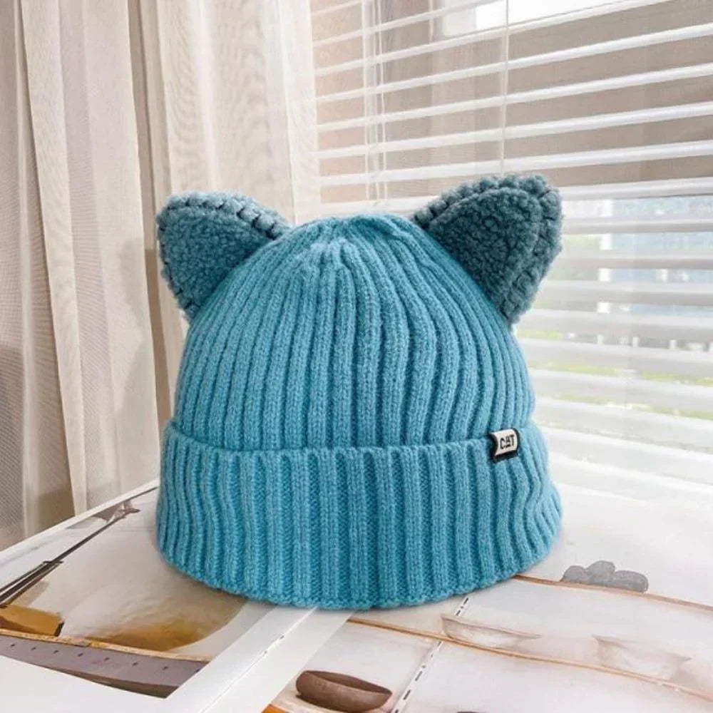 Women's Ribbed Knit Cat Ear Beanie Hat