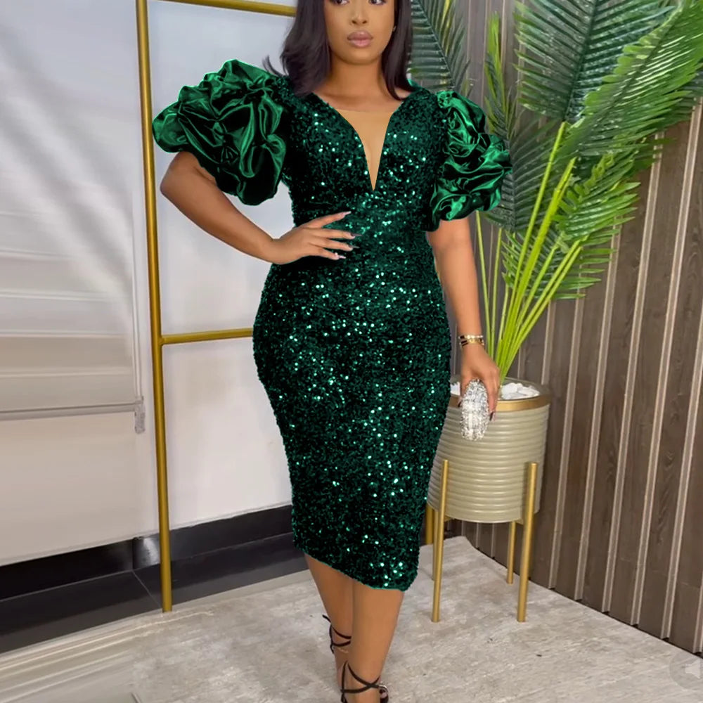 Women's Sequin Puff Sleeve Midi Dress