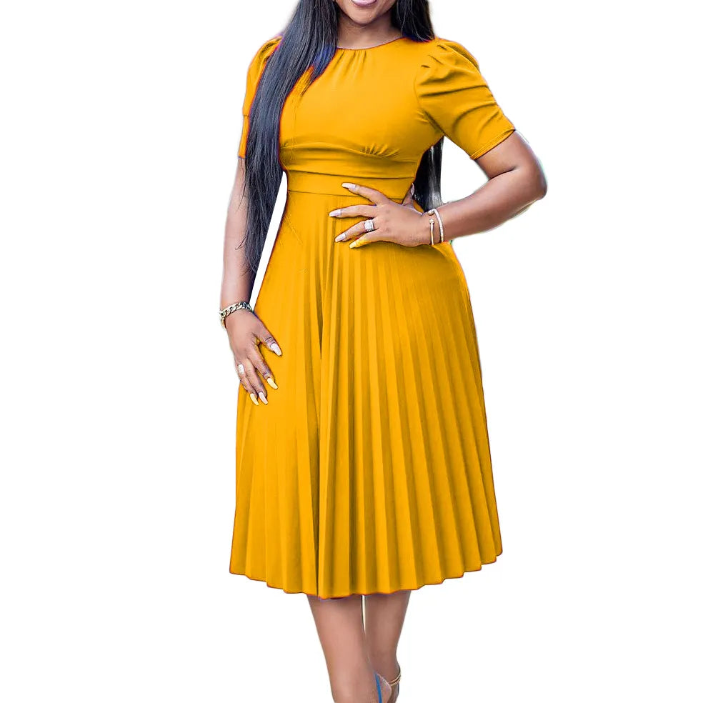 Women's Short Sleeve Pleated Midi Dress