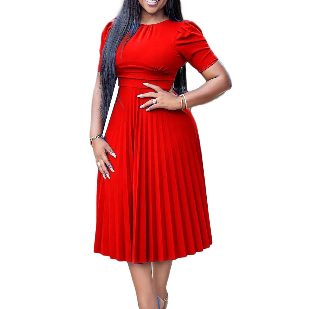 Women's Short Sleeve Pleated Midi Dress