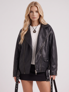 Faux Leather Biker Jacket Womens Oversized Asymmetric Zip Studded Belt