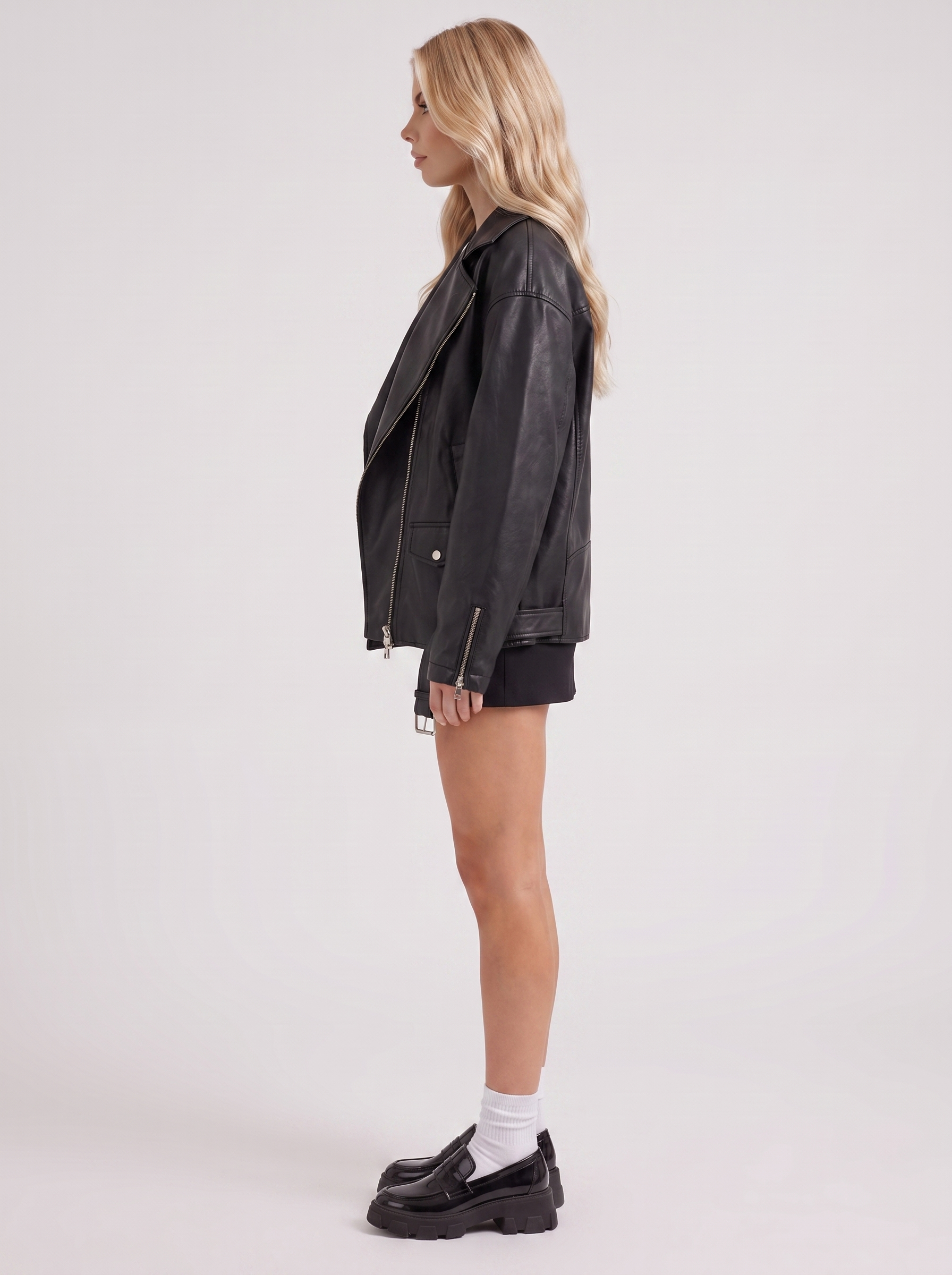 Faux Leather Biker Jacket Womens Oversized Asymmetric Zip Studded Belt
