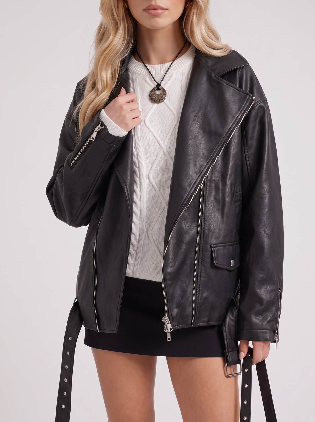 Faux Leather Biker Jacket Womens Oversized Asymmetric Zip Studded Belt