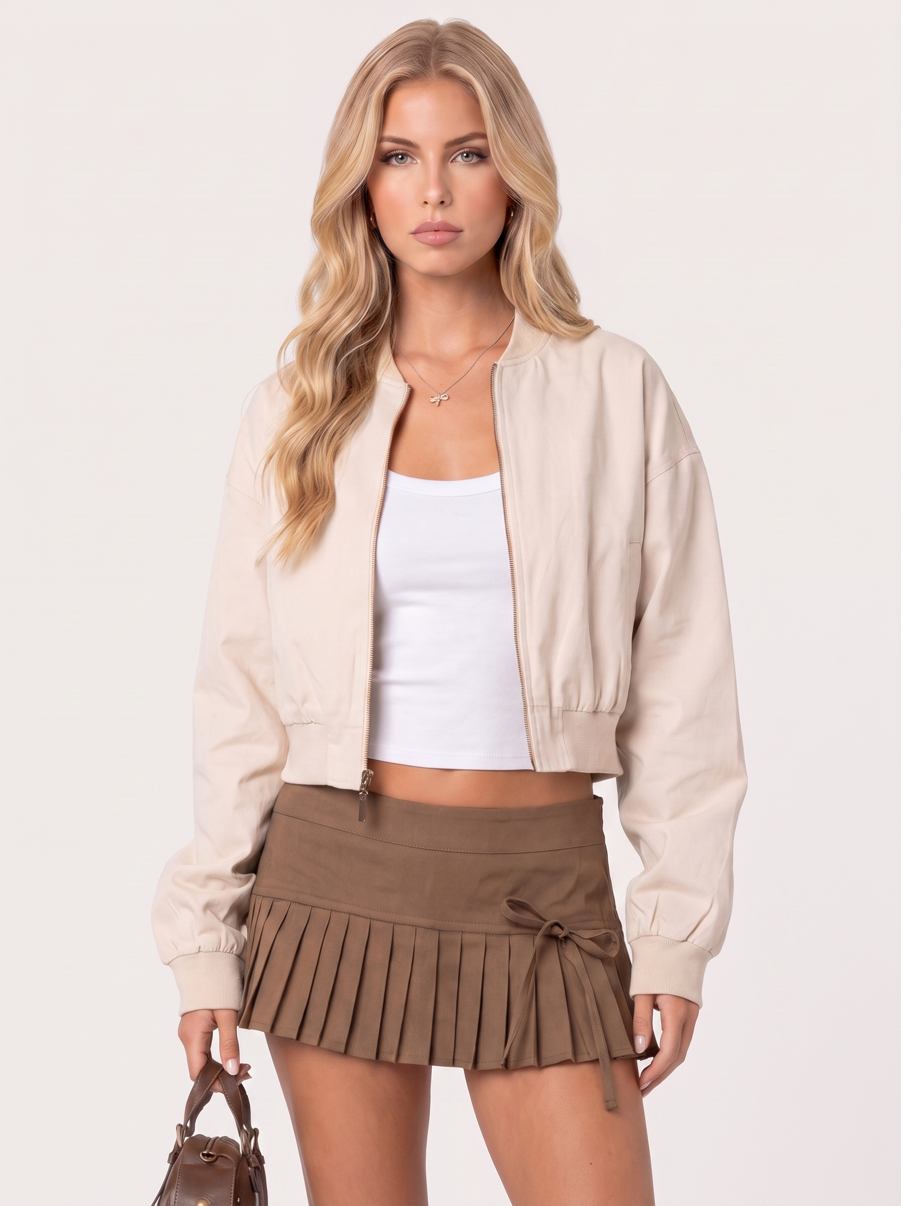 Bomber Jacket Womens Cropped Ribbed Stand Collar Zip Front
