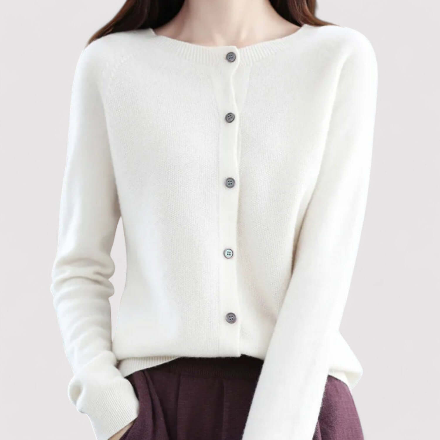 Fall Soft Brushed Fine Knit Crewneck Button Cardigan for Women in White