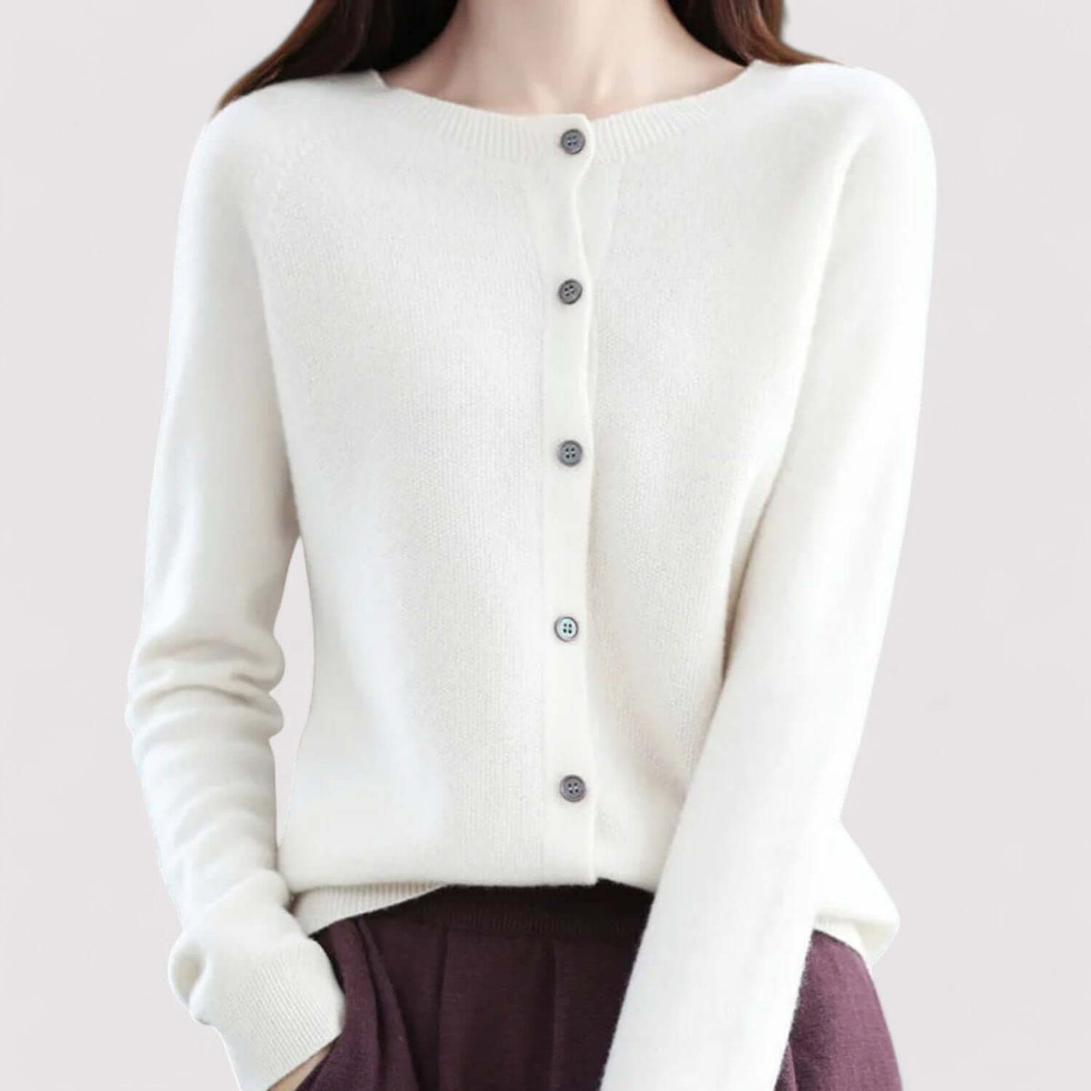 Fall Soft Brushed Fine Knit Crewneck Button Cardigan for Women in White