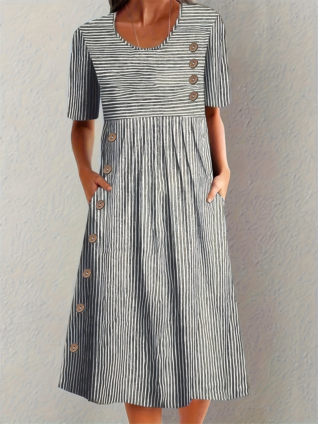 Striped relaxed summer midi dress in black