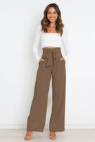 High waist paperbag pant with bow detail in taupe