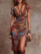 Boho ruched waist asymmetric midi dress in red