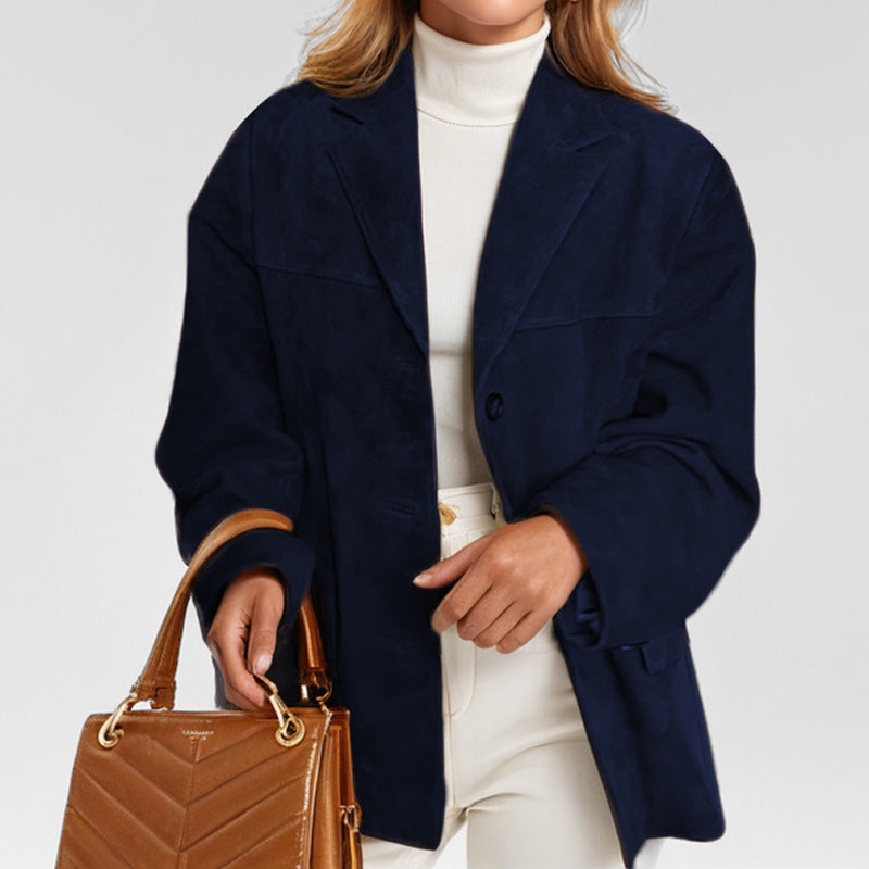 Fall Faux Leather Notch Lapel Button Front Blazer for Women in Dark Blue