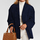 Fall Faux Leather Notch Lapel Button Front Blazer for Women in Dark Blue