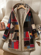 Sherpa Jacket Womens Patchwork Print Hooded Plush Lined Boho Warm