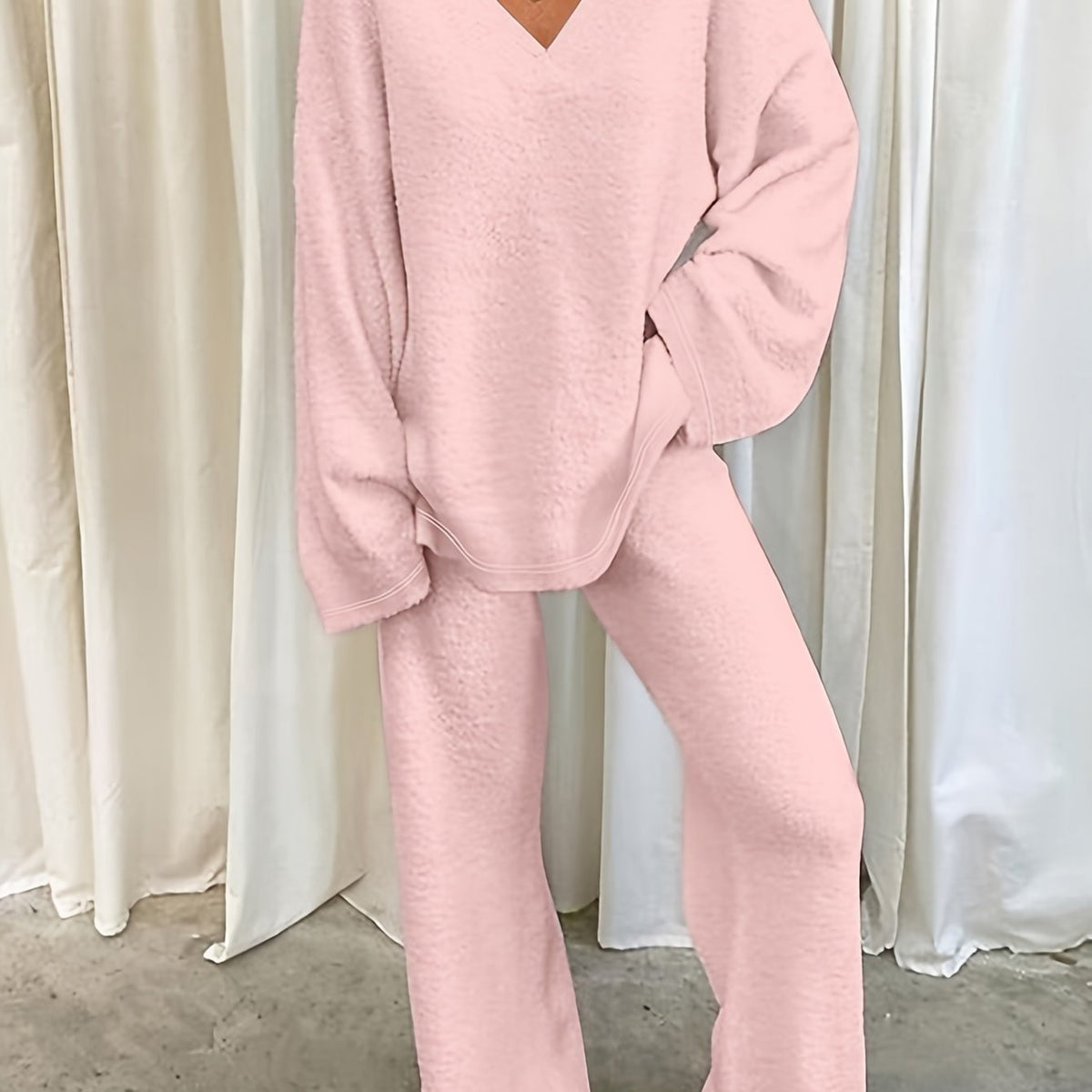 Lounge Set Womens Two Piece V Neck Top Wide Leg Trouser Soft Knit