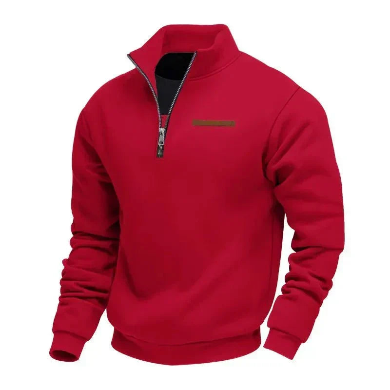 Winter Fleece Quarter Zip Stand Collar Sweatshirt for Men in Red