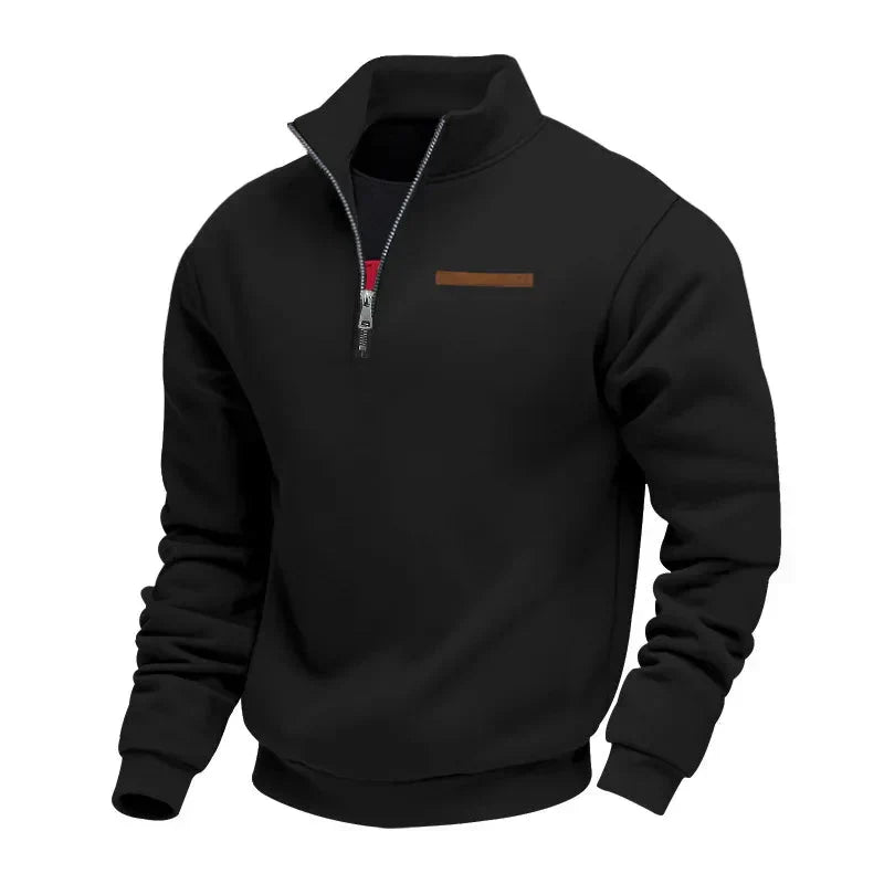 Winter Fleece Quarter Zip Stand Collar Sweatshirt for Men in Black